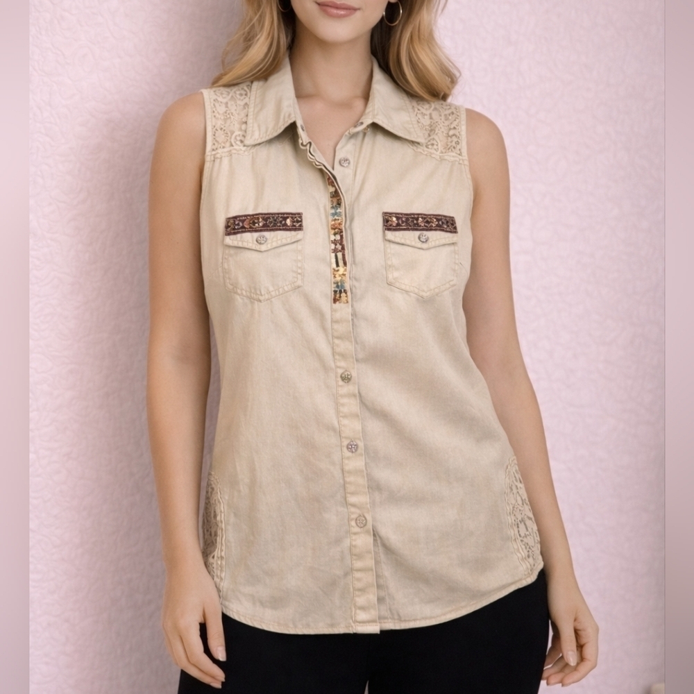 VTG BKE Western Embellished Brocade Ribbon Lace Button Down Sleeveless Shirt